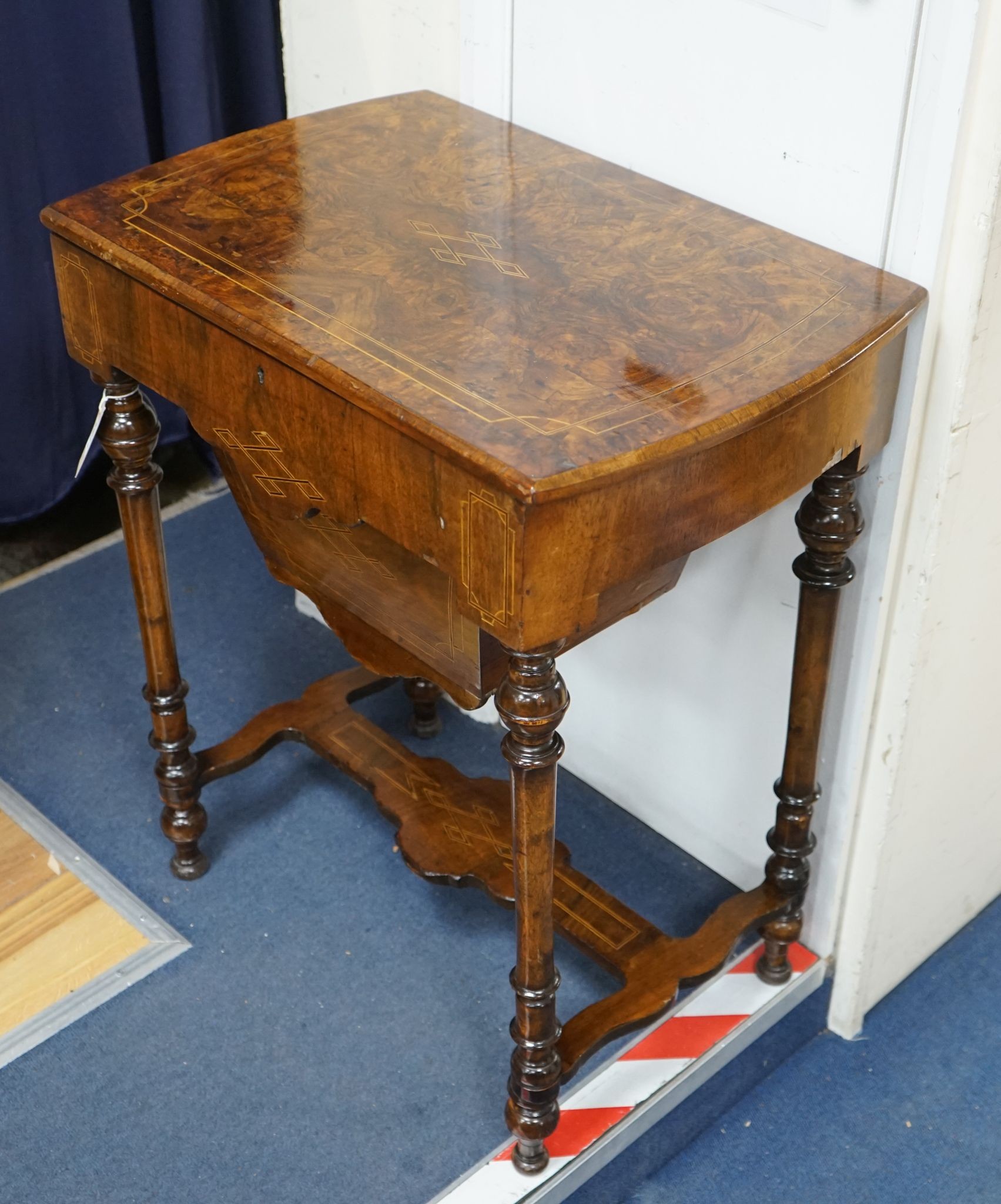 A Victorian inlaid burr walnut work table, width 62cm, depth 40cm, height 72cm